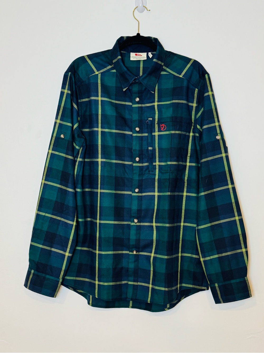 Fjallraven Fjallglim Men's Flannel Shirt Arctic Green /Navy Plaid Button Down L